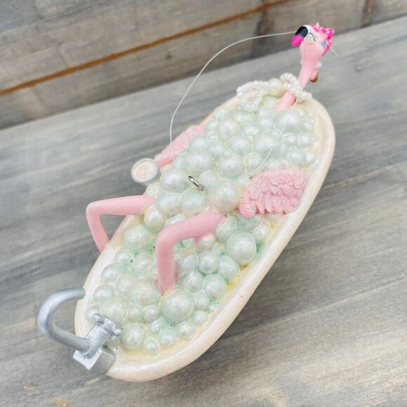 Unique Flirty Feathers Flamingo Taking a Bubble Bath Ornament Margaret Le Van - Picture 5 of 8